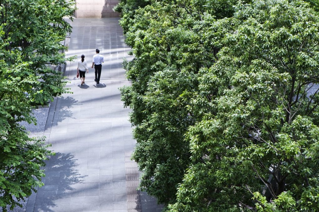 A business man and woman walking on a passage among trees together.