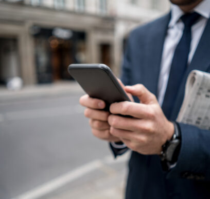 Close-up on a business man texting on the phone in the street and carrying the newspaper