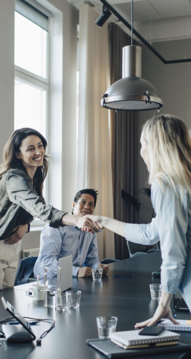 Smiling businesswoman shaking hand and greets client during meeting in office